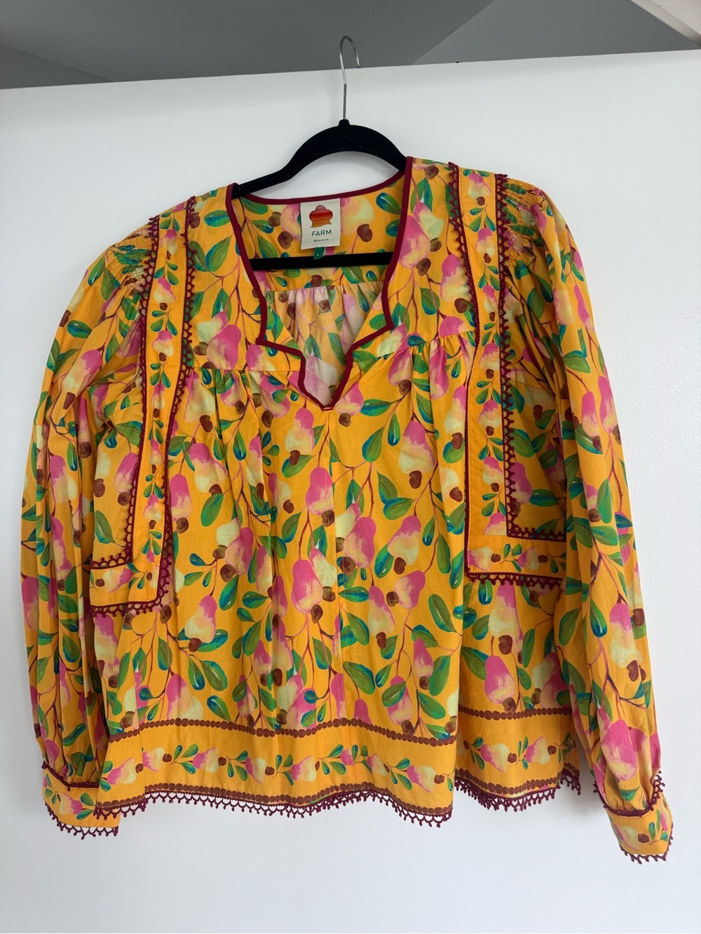 FARM Rio Yellow Floral Peasant Blouse with Pink & Green Motif
